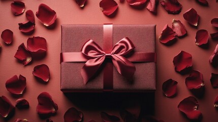 A luxurious red velvet gift box adorned with a satin bow, surrounded by scattered rose petals under soft diffused lighting.