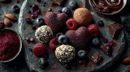 A gourmet arrangement of heart-shaped chocolate truffles, fresh berries, and cocoa powder on a rustic stone surface under cinematic lighting.