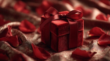 A luxurious red velvet gift box tied with a satin ribbon, surrounded by scattered rose petals under soft diffused lighting.