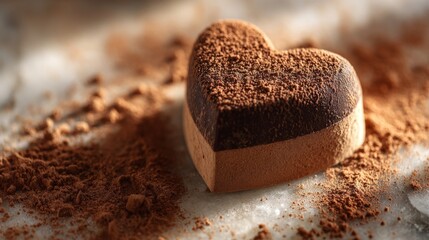 A close-up of a heart-shaped chocolate on a marble surface dusted with cocoa powder under soft warm lighting.