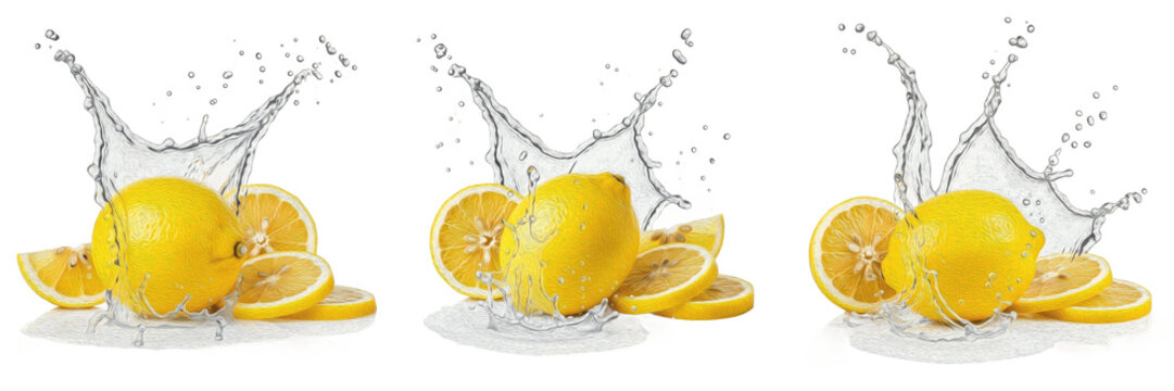 Fresh Eureka lemon with lemon slices and citrus juice splash explosion isolated on white background, high speed liquid splash photography, Eureka lemon juice concept for beverages and packaging, Citru