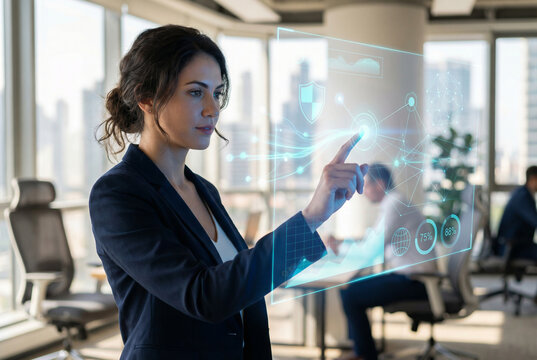 Businesswoman Using Futuristic Holographic Interface for Data Analysis in Modern Office