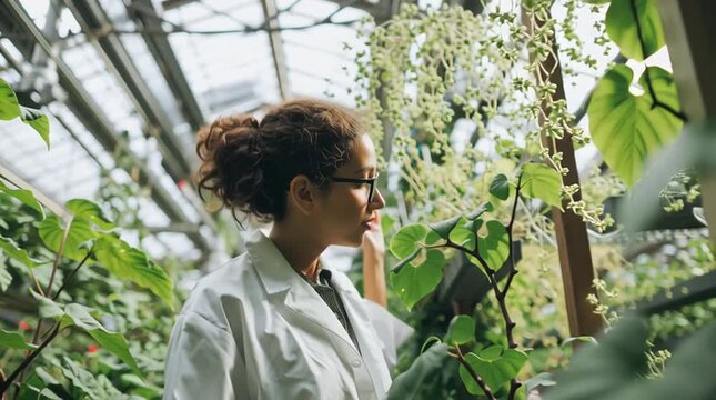 Female botanist or scientist examining plants in a greenhouse