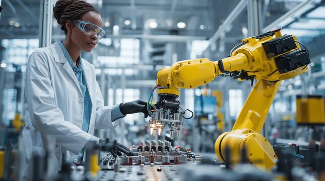 Female engineer working with industrial robotic arm in modern factory