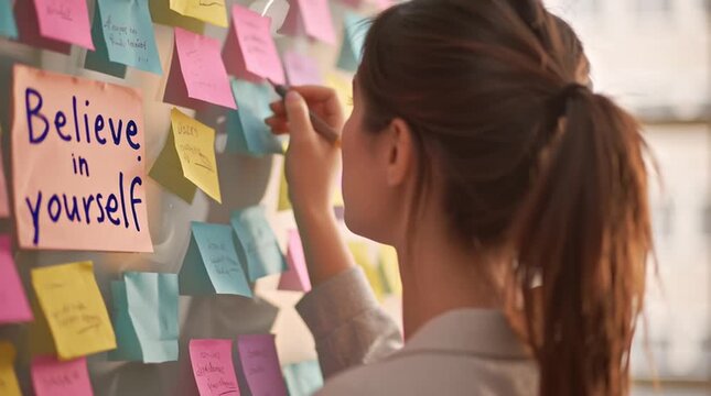 Woman writing believe in yourself on colorful sticky notes attached to a board