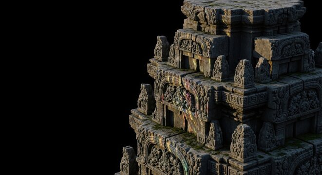 Ornate carvings on an ancient stone temple ruin. Detailed close-up of historic asian architecture. 3D render isolated on a black background with copy space