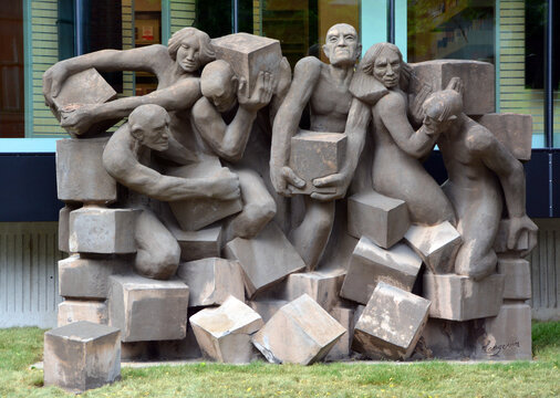 MONTREAL QUEBEC CANADA 06 12 17: Statue of Confederation des syndicats nationaux (CSN) (Confederation of National Trade Unions), is the second largest trade union federation in Quebec by membership.