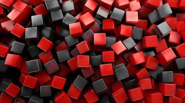 Collection of red and black cubes in a random close packed arrangement with reflective surfaces and varying shades