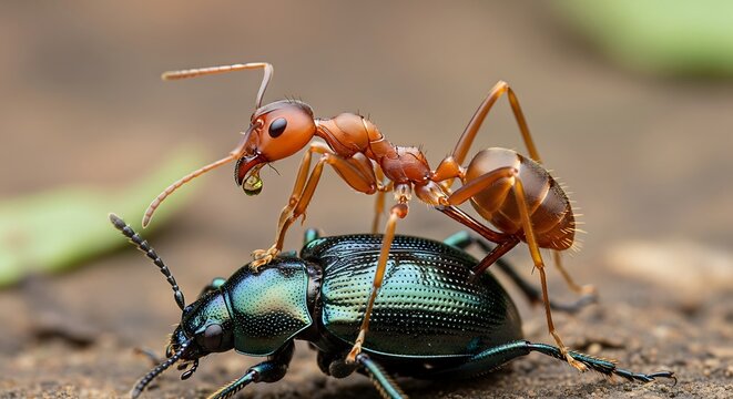 Ant Attacking Beetle on Ground Closeup.