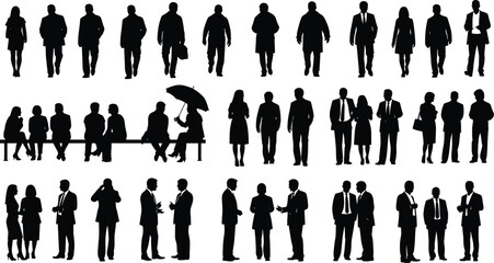 Human silhouette collection showing people walking, sitting, talking, umbrella sharing, diverse social interaction poses, body language concept, flat vector illustration © TOMSINA