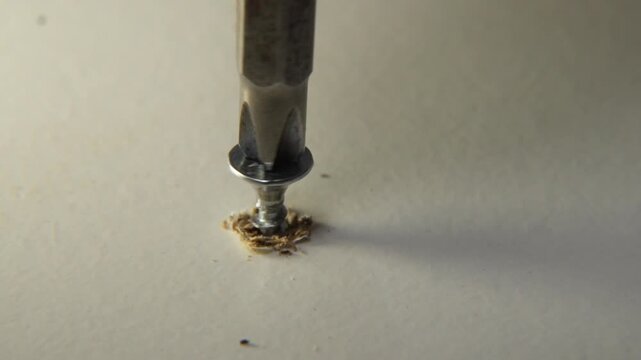 macro close up of steel screw being driven into wooden furniture surface with phillips bit in slow motion showing craftsmanship during home repair or construction work