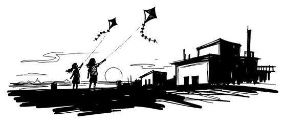 Children Flying Kites at Sunset over Coastal Town Skyline Black and White Vector Illustration