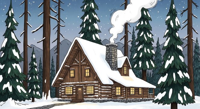Cozy Log Cabin in Snowy Forest Landscape.