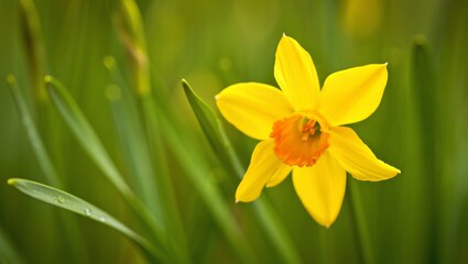 Fototapeta premium Yellow daffodil flower blooming in spring garden, symbolizing fresh start and new growth in nature