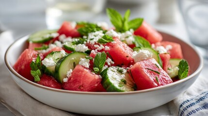 Watermelon salad with feta cheese, cucumber, and fresh mint, a refreshing summer food bowl