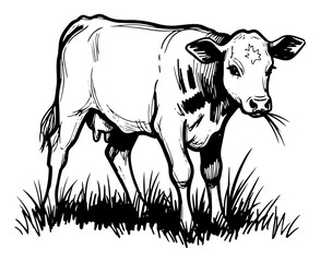 Fototapeta premium Young calf grazing pasture farm animal hand drawn line art vector illustration