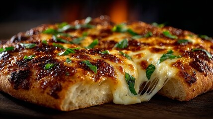 Close-up of cheesy garlic bread with melted mozzarella and basil