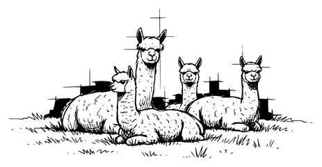 Group of Alpacas Resting on Field Rural Farm Herd Black and White Vector Illustration © Mago