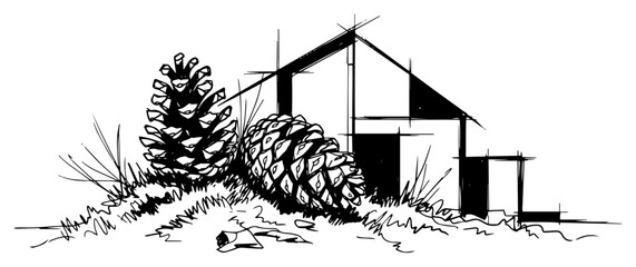 Fototapeta premium Pine Cones Forest Floor Natural Elements Hand Drawn Black and White Vector Illustration