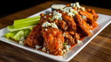 Fototapeta premium Buffalo chicken wings with blue cheese, celery, and ranch on white plate