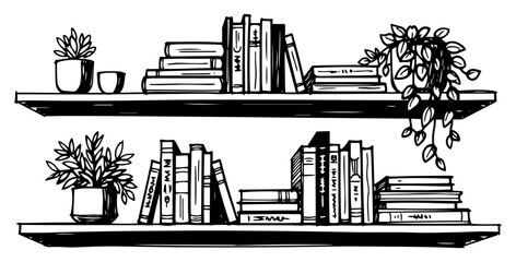 Bookshelves with Houseplants Cozy Home Library Hand Drawn Black and White Vector Illustration