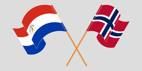 Crossed and waving flags of Republic of Paraguay and Norway. Vector illustration