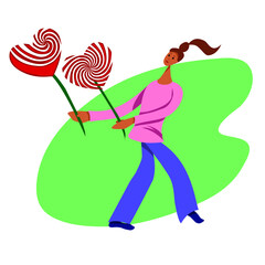 Vector illustration of a stylized girl with hearts on a light green background. Use it as an element for your postcard design and more.
