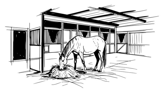 Horse Eating Hay in Stable Barn Interior Black and White Vector Illustration