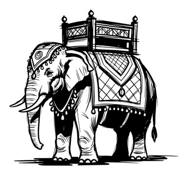 Ornate Decorated Elephant with Howdah Traditional Asian Festival Black and White Vector Illustration