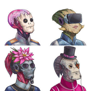 Wild alien avatar pack of big-brained psychic, green insectoid pilot, cybernetic assassin and pink horned elder digital avatar set