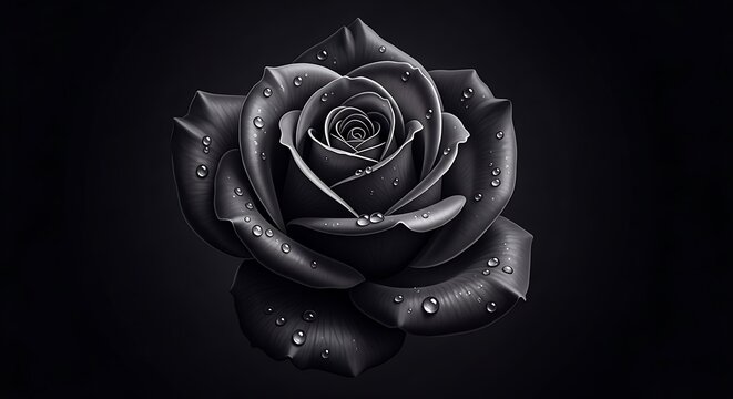 Black Rose with Water Droplets on Dark Background.