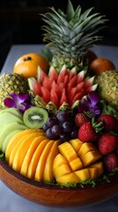 Colorful tropical fruit platter with carved watermelon and pineapple