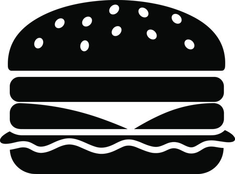 Black and white hamburger icon vector illustration with sesame seed bun, patties, lettuce layer, fast food symbol for menu design