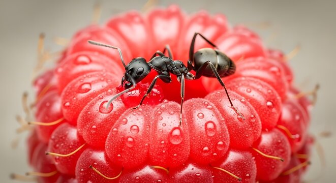 Close-up of ants on ripe raspberry.