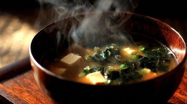 Steaming miso soup with tofu and wakame