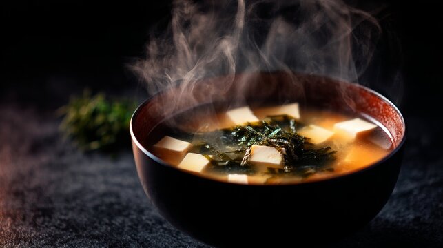 Steaming miso soup with tofu and seaweed