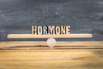 Hormone Balance Concept Shown By HORMONE Letter Blocks On Wooden Seesaw