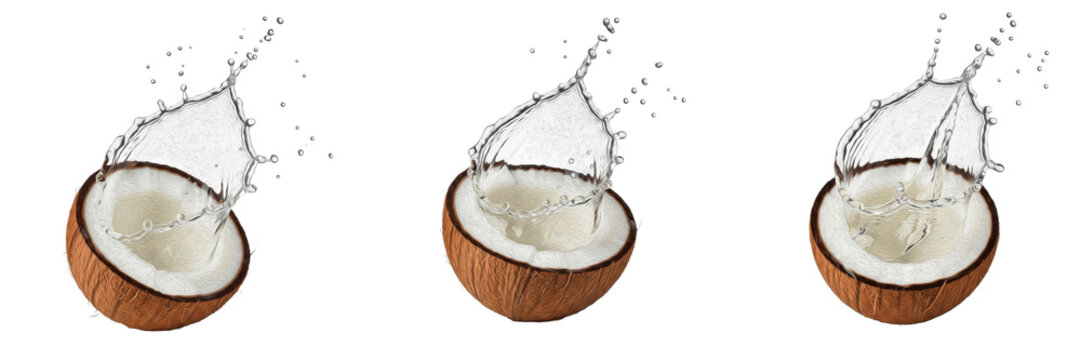 Fresh coconut half with coconut water splash explosion isolated on white background, high speed liquid splash photography, coconut water concept for beverages and packaging, Cocos nucifera PNG