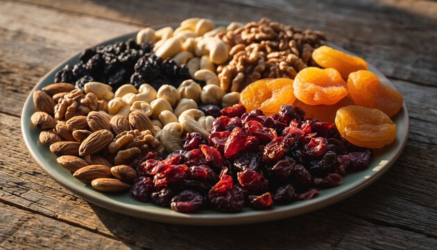 A vibrant plate of mixed dried fruits and nuts including cranberries, apricots, almonds, cashews, walnuts, and prunes, arranged attractively on a weathered wooden surface. Healthy snack concept.