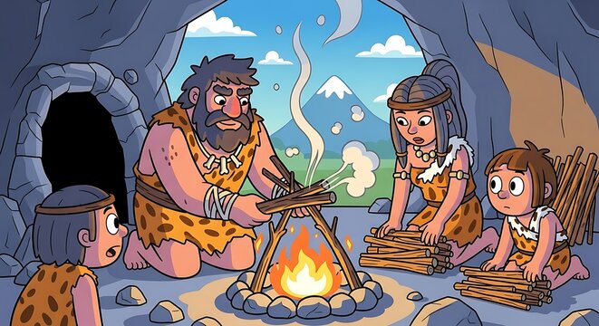 Caveman Family Gathering Around Campfire.