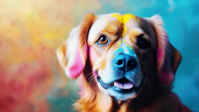 Indian Festival of Colors Holi. Dog in multicolored powder on a background of colored powder. Colorful rainbow paint, explosion, splash of multicolored powder.