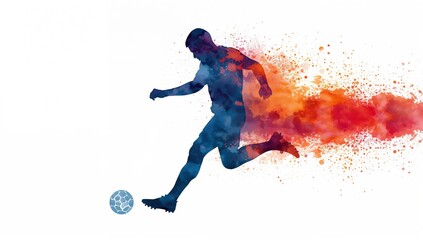Fototapeta premium Soccer player kicking a ball with colorful splashes in the background during a game