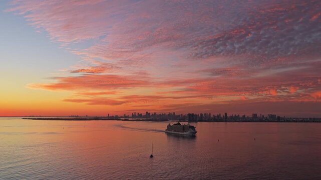 MSC Cruises cruise line. Cruise ship tour and travel at sea. Ship leaving Miami port at sunset. MSC seaside cruise ship voyage. Cruise in summer vacation.