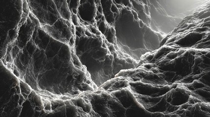 A high-contrast black and white close-up of a dark marble texture with intricate swirling patterns and dramatic lighting.