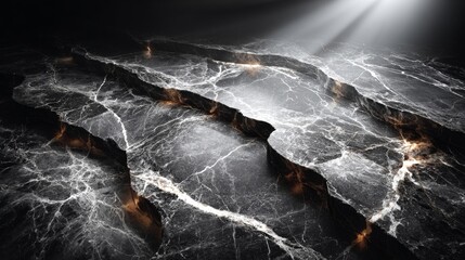 A dramatic close-up of dark marble with intricate white veining, illuminated by a spotlight beam creating a high-contrast, luxurious texture.