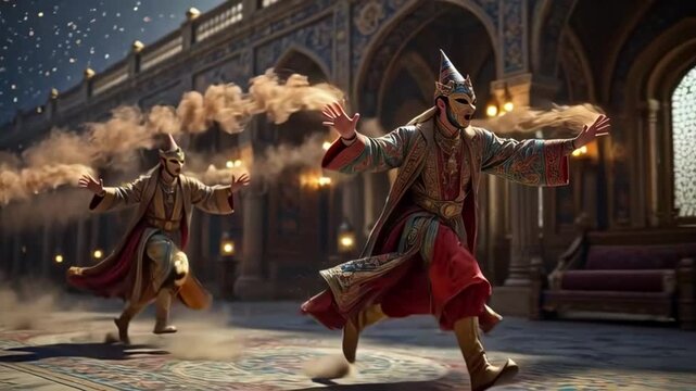 Two masked performers in elaborate costumes dancing dynamically in an opulent ancient palace for a mystical cultural celebration concept at night