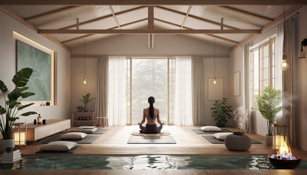 A woman meditates in lotus position at a modern yoga studio with natural light, wood beams, and a pool. Represents wellness, meditation, and luxury lifestyle.