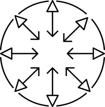 Eight directional arrows radiating from central point vector illustration, radial symmetry concept, force distribution design for physics, engineering, navigation graphics