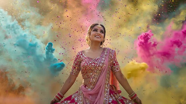 Woman festival celebration color powder explosion traditional dress happiness joy culture smile indian holi bright vibrant movement party