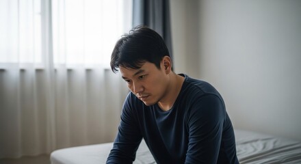 Fototapeta premium Man sitting on bed looking down in a room with natural light during a quiet morning